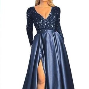 New Elegant Navy Blue Sequin Evening Gown